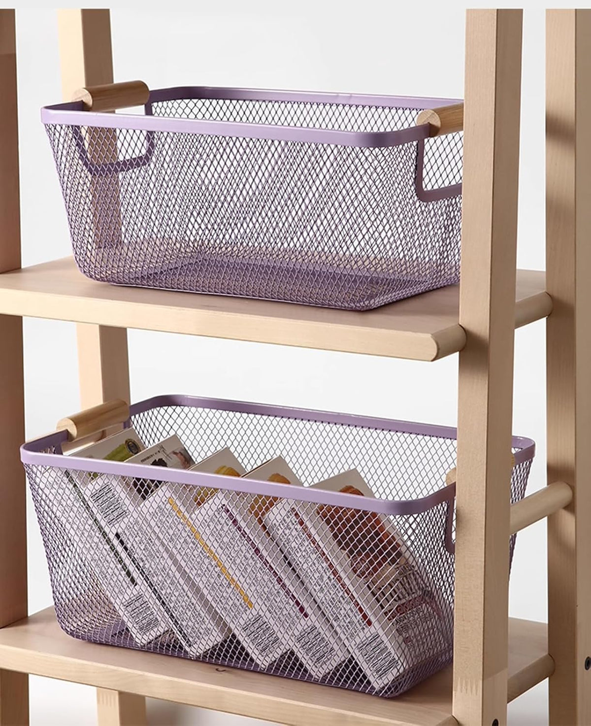 Metal Mesh Steel Basket, Large Wire Storage Organizer Basket Multi-function Hanging Kitchen Baskets with Wood Handle for Kitchen Bathroom Picnic Home, Rectangle-Purple