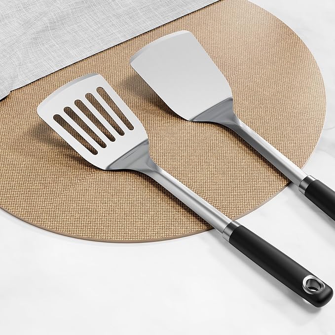 Stainless Steel Spatula Set, 2 Piece Heavy Duty Turner/Metal Spatula, High Heat Resistant Kitchen Cooking Utensils, Ideal Cookware for Frying Steak, Fish, Eggs or Pancakes