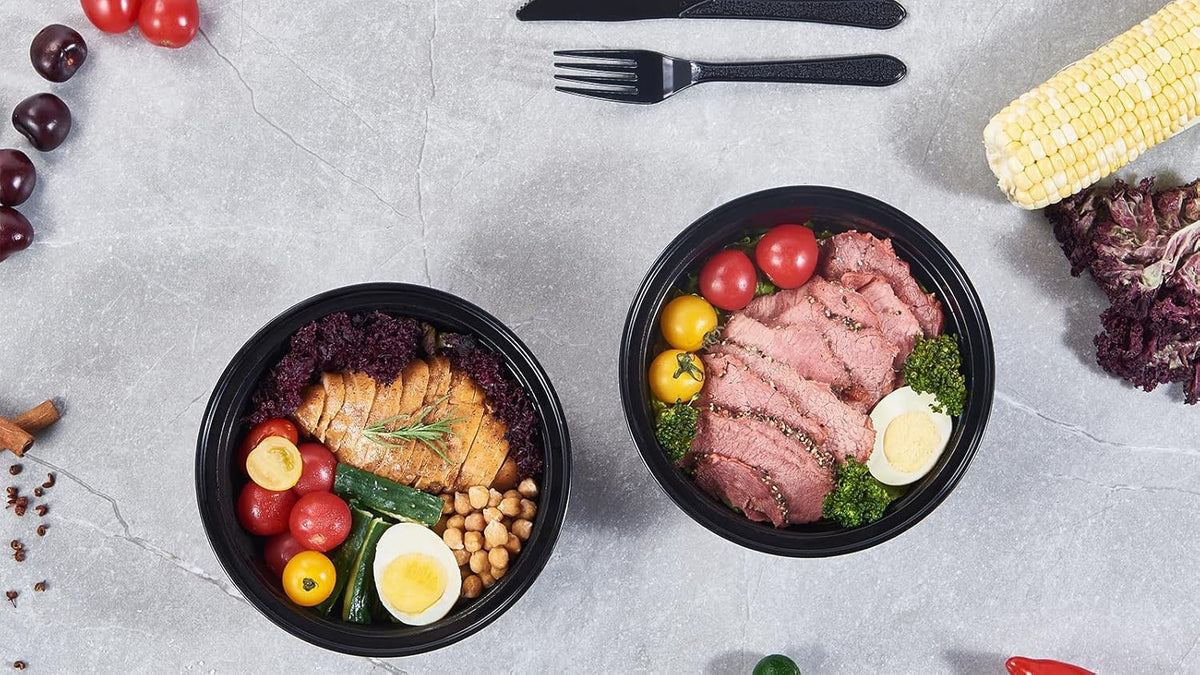 FULING 38 oz 50 ct Round Meal Prep Containers with Lids Plastic Food Storage To Go Lunch Plan Box Disposable Take Out Bowls Black BPA Free Reusable Durable Stackable Microwave Freezer Dishwasher Safe