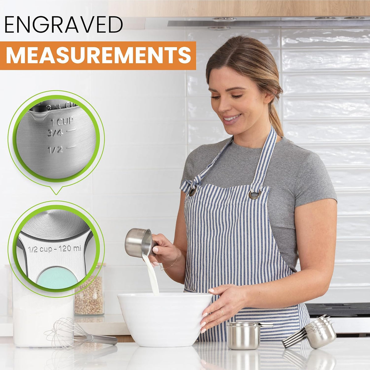 Spring Chef Magnetic Stainless Steel Measuring Cups, Patented, Kitchen Tools with Easy to Read Markings for Measuring Dry or Liquid Ingredients, Set of 7, Mint