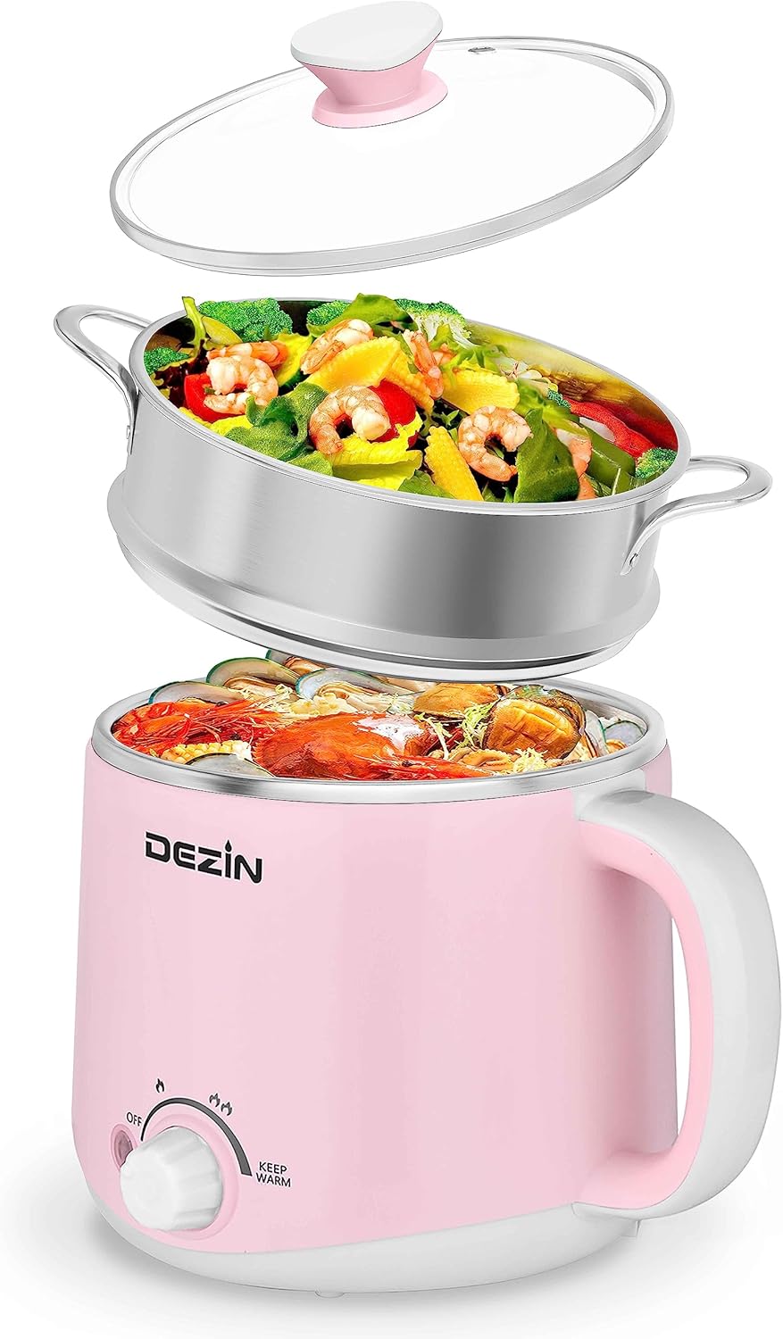 Dezin Electric Pot with Steamer, Hot Pot Electric 1.6L, Stainless Steel Cooker for Ramen, Egg, Dumpling, Soup, Oatmeal with Temperature Control and Keep Warm Function, Pink