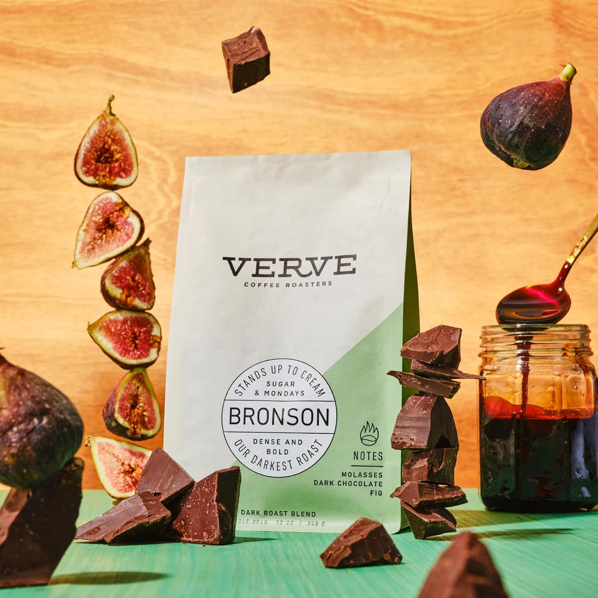 Verve Coffee Roasters Whole Bean Coffee Bronson Blend | French Dark Roast, Direct Trade, Resealable Pouch | Enjoy Hot or Cold Brew | Ideal for French Press | 12oz Bag