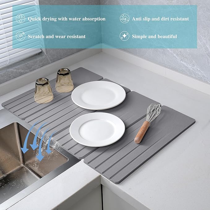 Extral Large Quick Dry Stone Drying Mat for Kitchen Counter,28x16 Inch Collapsible Eco-Friendly Absorbent Diatomaceous Earth Mat for Dishes Cups (Medium Gray-Upgraded Version, 16x12 inch)