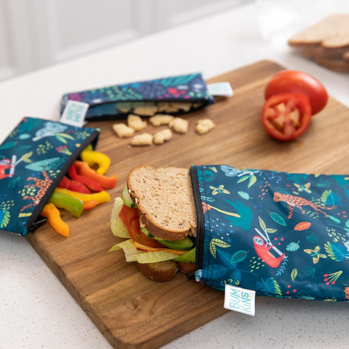 Bumkins - Cloth Snack & Sandwich Bags - For Storage, Travel, Food Prep, Lunch - Reusable, Water Resistant, Washable, Dishwasher Safe - Snack Bags for Kids - Zipper Closure - Jungle - 4 Pack