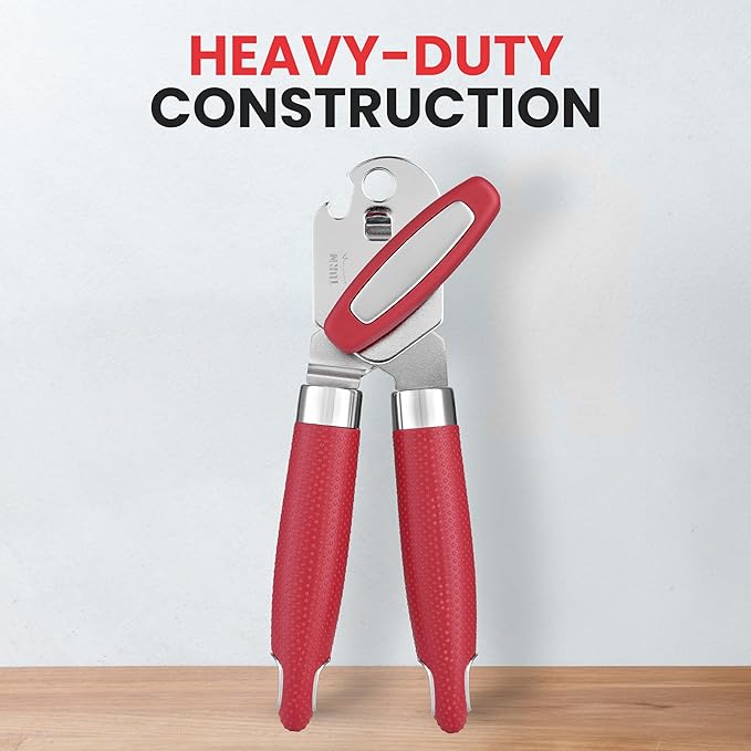 Zulay Kitchen Heavy Duty Stainless Steel Can Opener Manual with Large Bottle Opener - Manual Can Opener with Turn Knob with Soft Grip Handles - Red