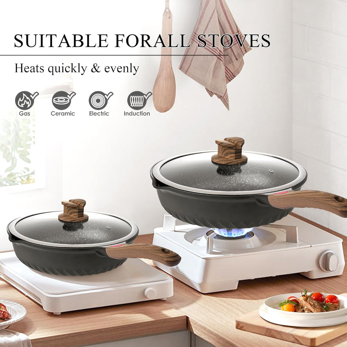 Vinchef Pots and Pans Set, 12pcs Nonstick Induction Kitchen Cookware Sets with Stay-Cool Handles, Frying Pans and Saute Pan with Lid, Silicone Cooking Utensil Sets and Pot Protectors, PFAS, PFOA Free