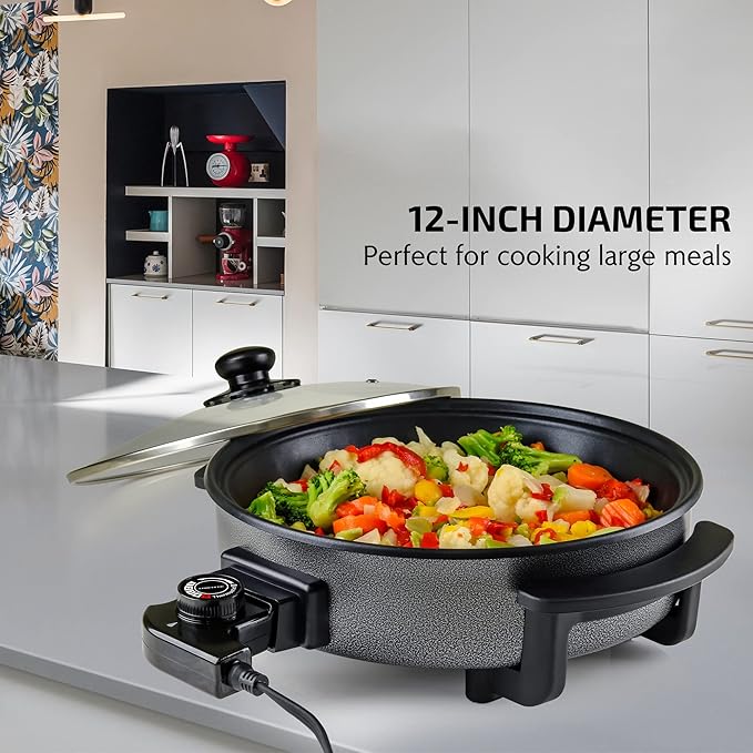 OVENTE 11.5-Inch Electric Skillet & Frying Pan, 1400W Nonstick Cooking Pan with Adjustable Temperature Control, Tempered Glass Lid with Steam Vent, Cool-Touch Handles, Easy-Clean Black SK11112B