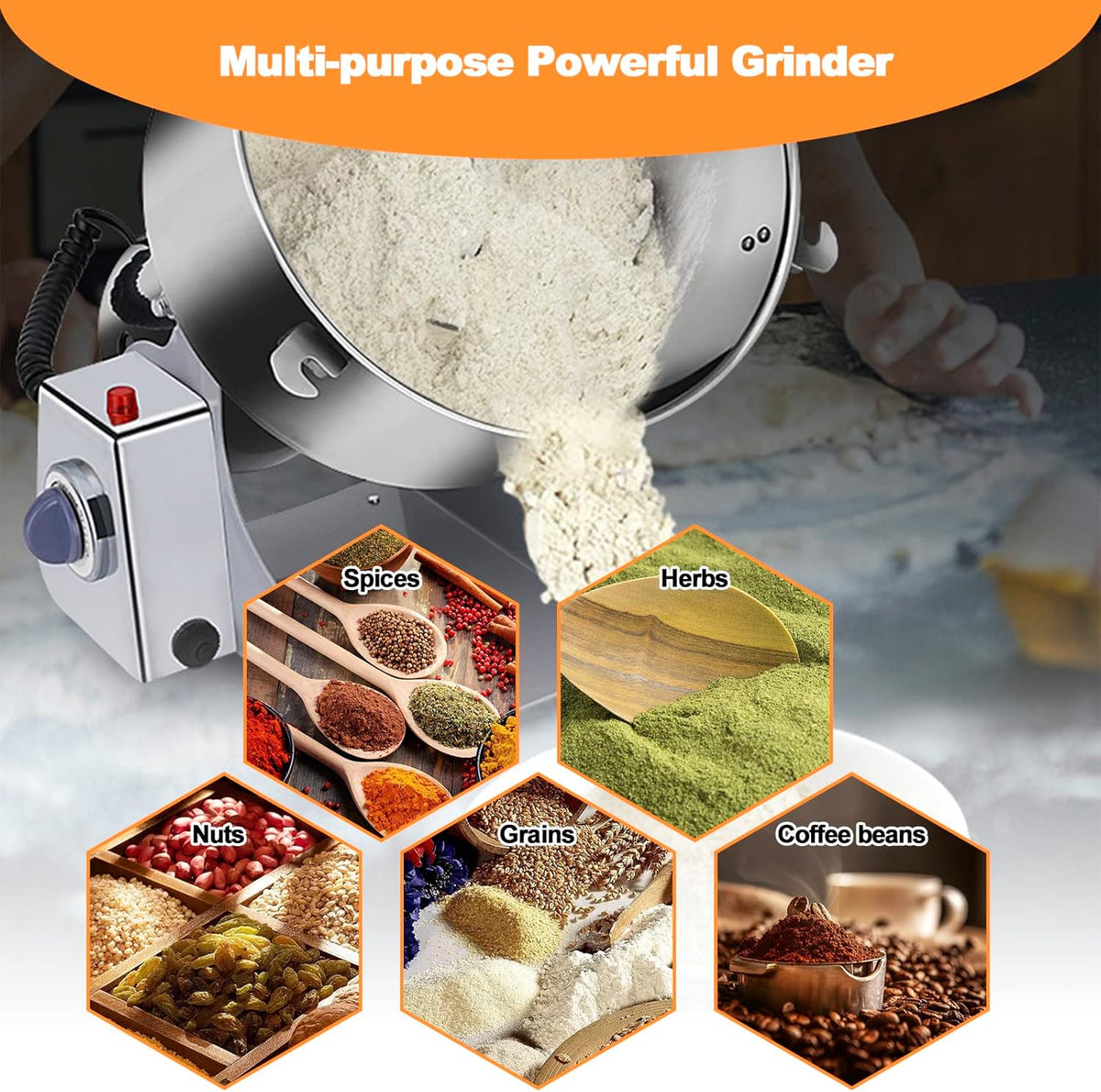 Swing Grain Mill 2500g, Electric Grain Mill, Stainless Steel Mill Grinder 4500W, High-speed Spice Herb Grinder, Commercial Superfine Machine, Dry Cereals Pulverizer 110V