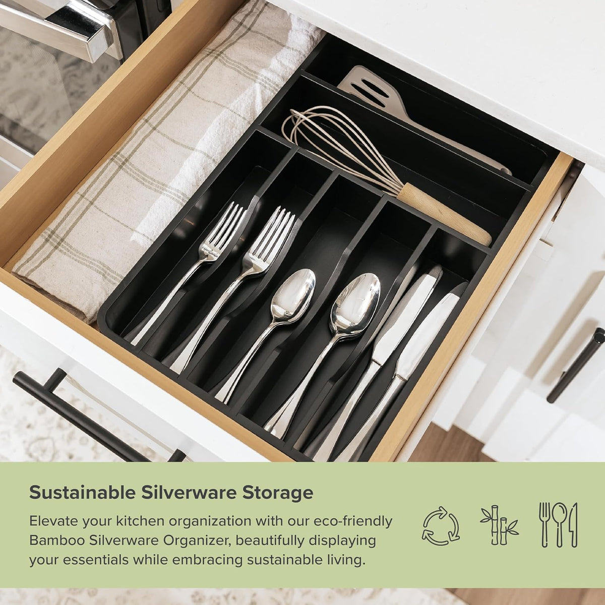 KitchenEdge Silverware Organizer - Cutlery, Flatware, and Utensil Holder for Kitchen Drawers, Fixed 10.5” Width, 7 Storage Compartments, Non-Slip Feet, Rounded Corners, 100% Bamboo, Black Finish