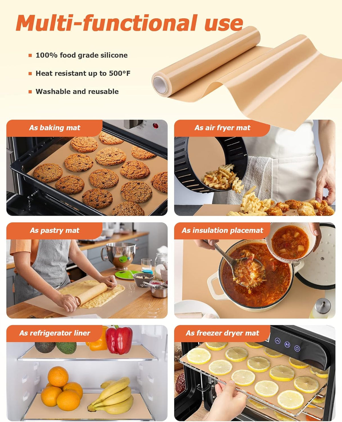 Silicone Baking Mat Roll - Best German Silicone - Non-slip Silicone Pastry Mat, Non-Stick Reusable Air Fryer Linner, Counter Mat, Oven Liner, Freeze Dryer Mat - 12IN x 8FT