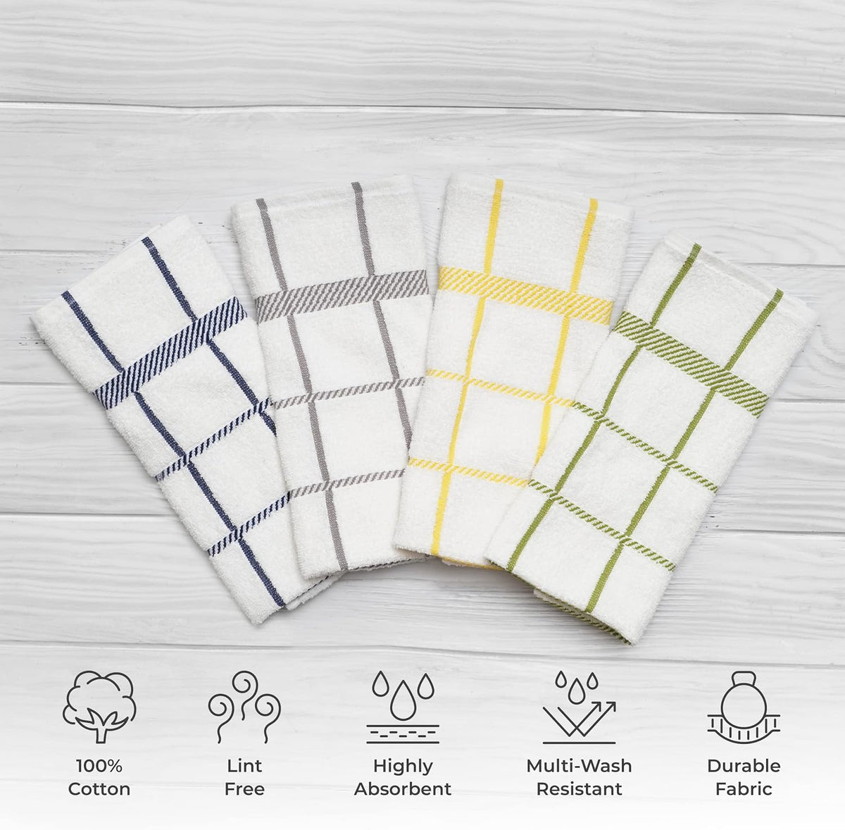 100% Cotton Terry Dish Towels, 4 Pack Checks, 16 x26 Inches, Super Soft and Absorbent Kitchen Towels, Perfect for Kitchen Cleaning and Dish Washing | Assorted
