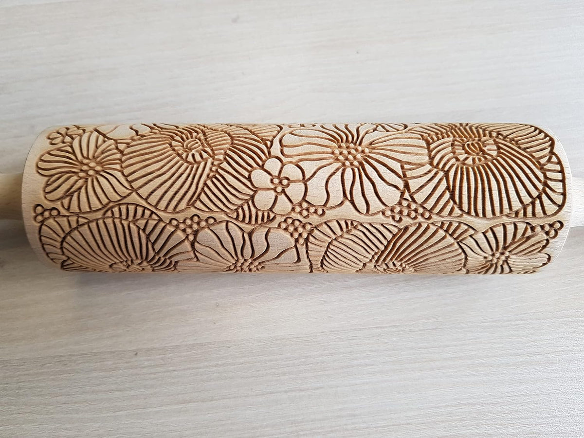 POPPY Embossing Rolling Pin with Wildflower Corn Poppies Pattern. Dough roller for embossed cookies and Pottery by Algis Crafts