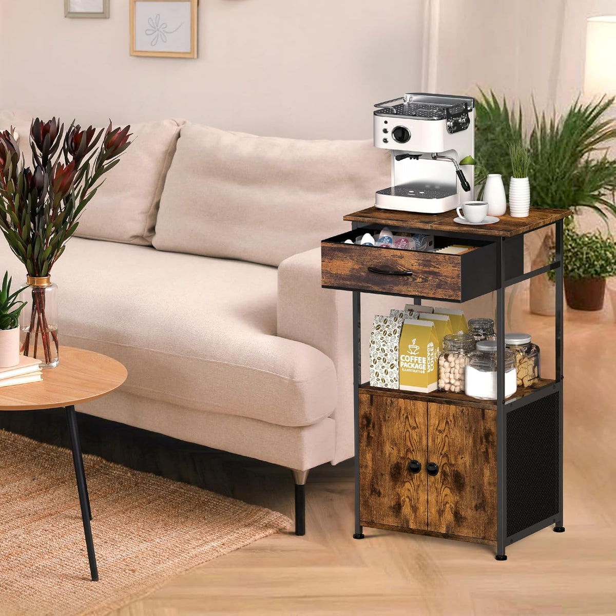 4-Tier Small Coffee Bar with Storage,Kitchen Stand, Farmhouse-Style Coffee Bar with Storage Featuring 2-Door Cabinet for Living Room,Kitchen (Rustic Brown)