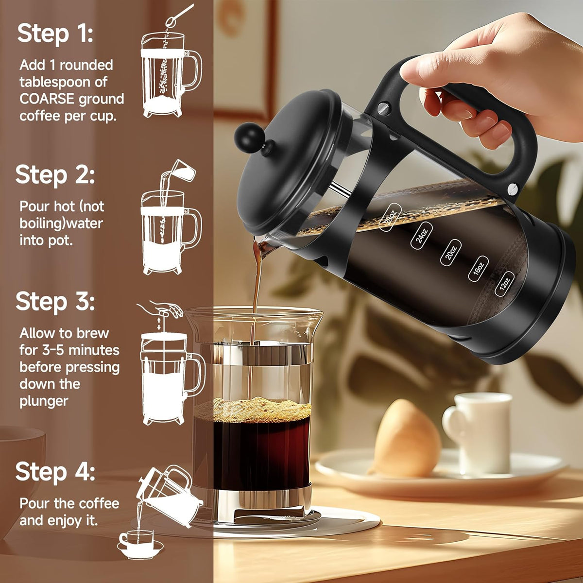 34 Ounce French Press Coffee Maker Black Stainless Steel Coffee Press, with 4-Level Filter System, Heat Resistant Thickness Borosilicate Glass, BPA-Free Brewed Coffee Pot for Camping Gifts