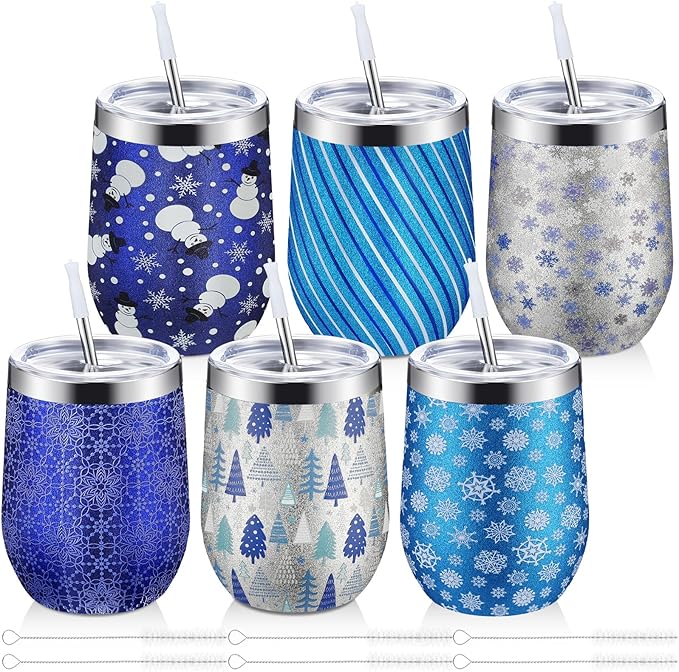 Sliner 6 Pack Pack Christmas Glitter Tumbler Bulk, 12 oz Holiday Wine Tumbler Set Stainless Steel Insulated Sparkling Glitter Cup with Lids Straws and Brushes Travel Mug Xmas Gift (Snowflake Style)