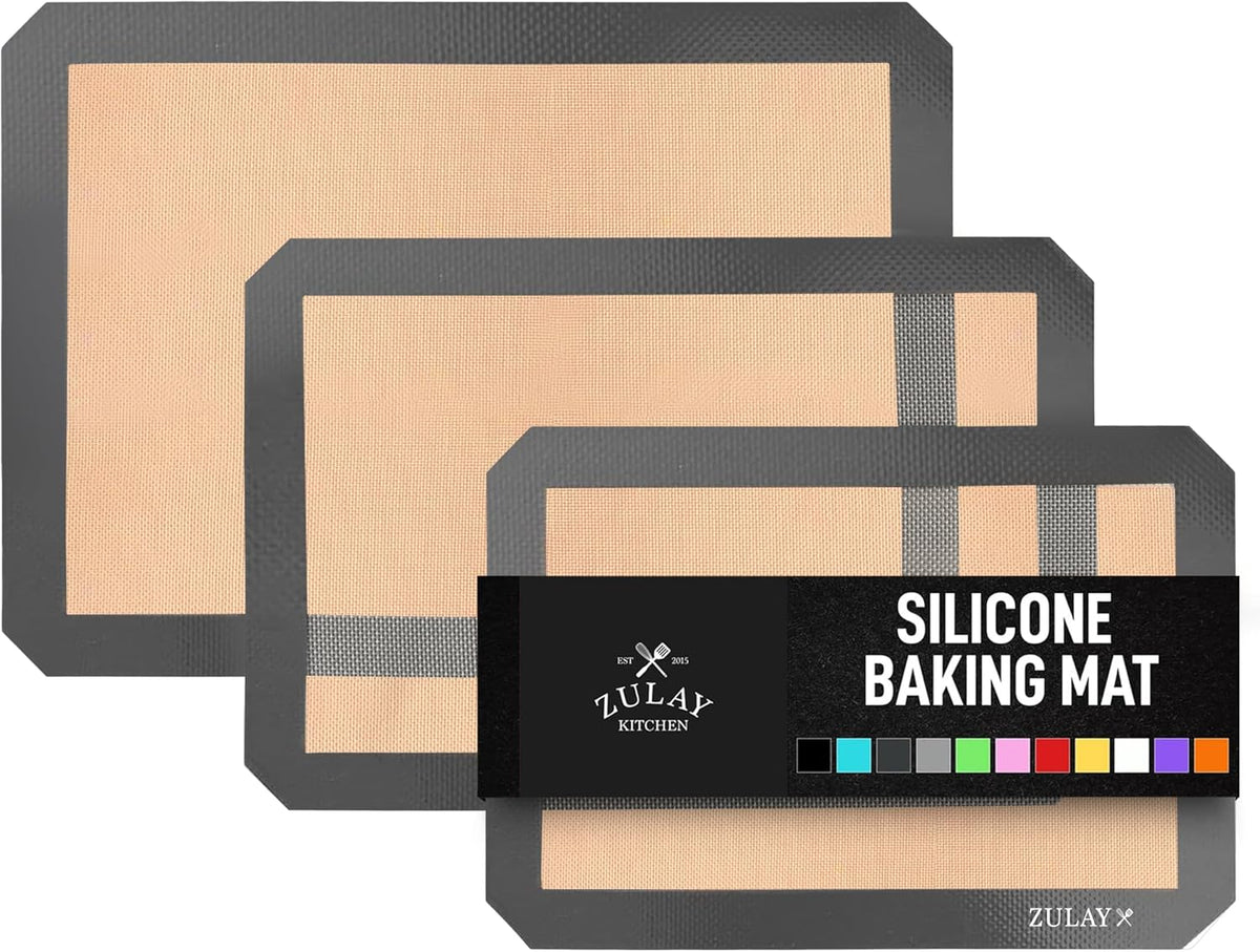 Zulay Kitchen 16.5"x11.6" 3-Pack Silicone Baking Mat Sheet - Reusable Silicone Baking Sheet - Easy & Convenient Nonstick Baking Supplies - Silicone Mats for Baking - Baking Mat For Oven - (Dark Gray)