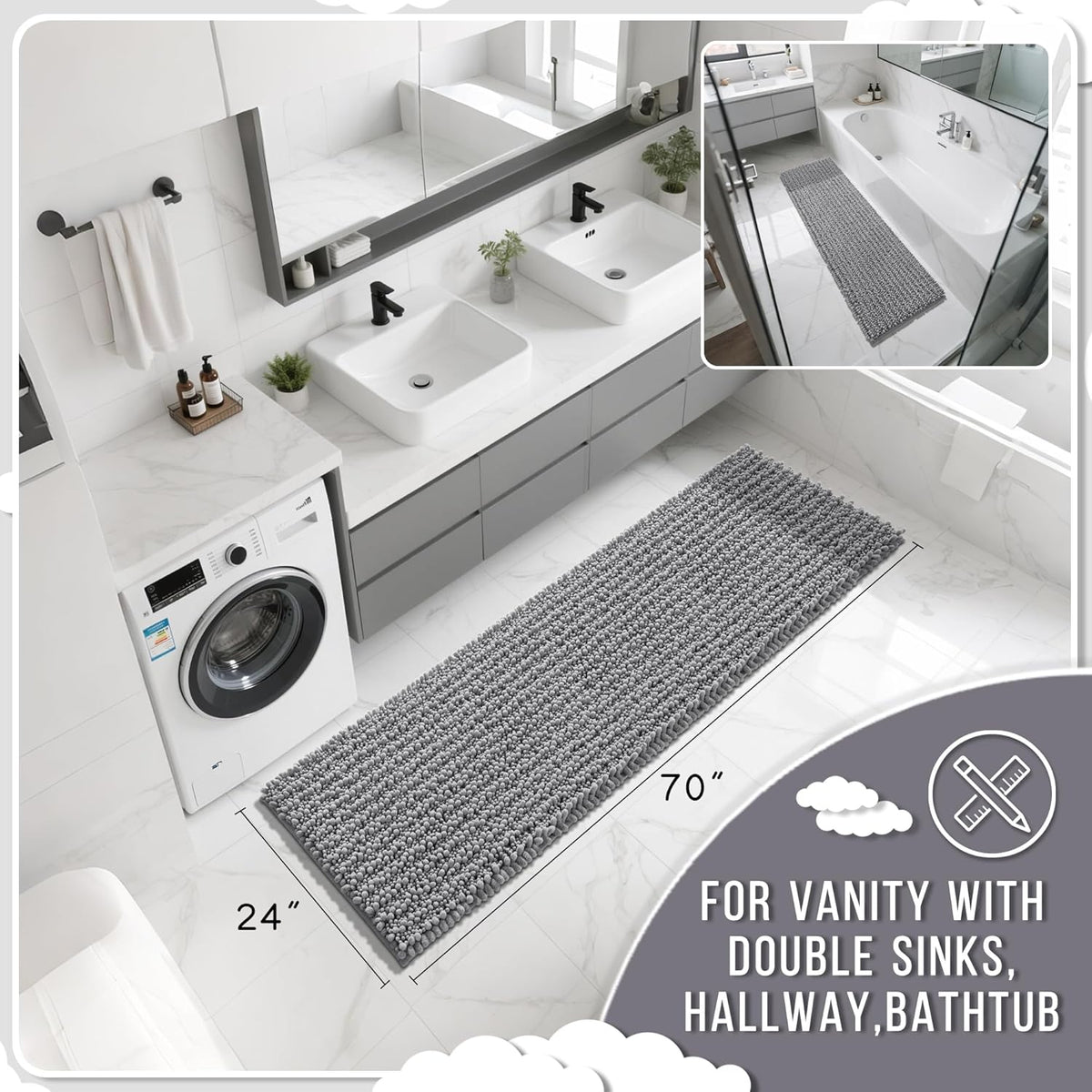 Yimobra Bathroom Runner Rug 70x24 Inch - Extra Long Non Slip Chenille Bath Mat, Soft & Absorbent, Machine Washable Shaggy Hallway Carpet for Vanity Tub Shower, Gray Home Decor Accessories