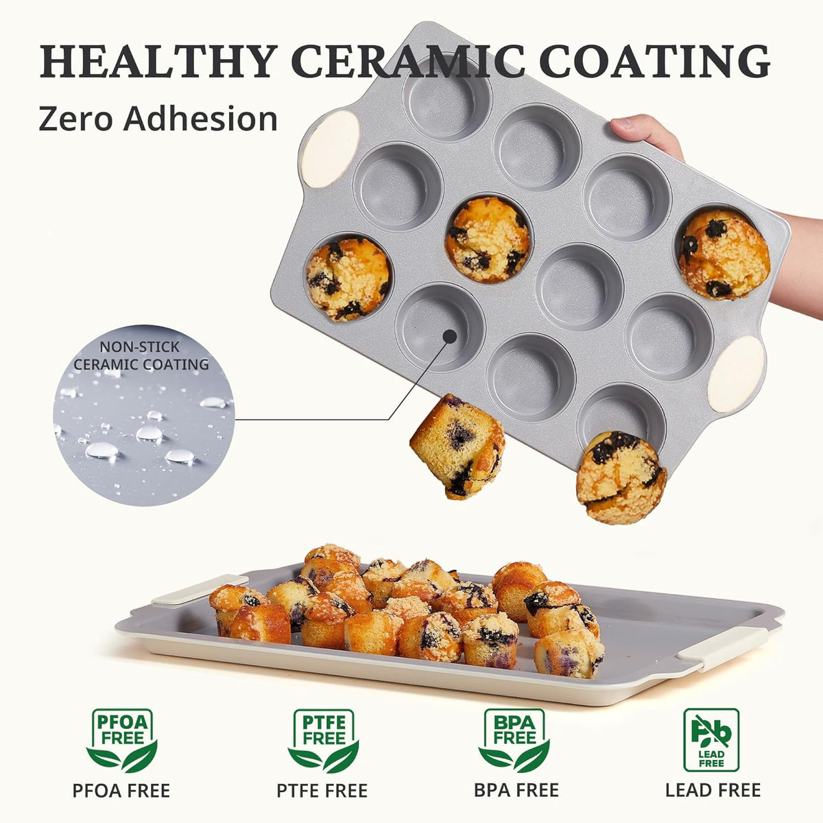 BRONYPRO Ceramic Muffin Pan, 12-Cup and 24-Cup Nonstick Aluminized Steel Mini Cupcake Pans, Healthy Non-Toxic Ceramic Coating Muffin Tin, 2 Pack Cup Cake Pans for Baking Cream