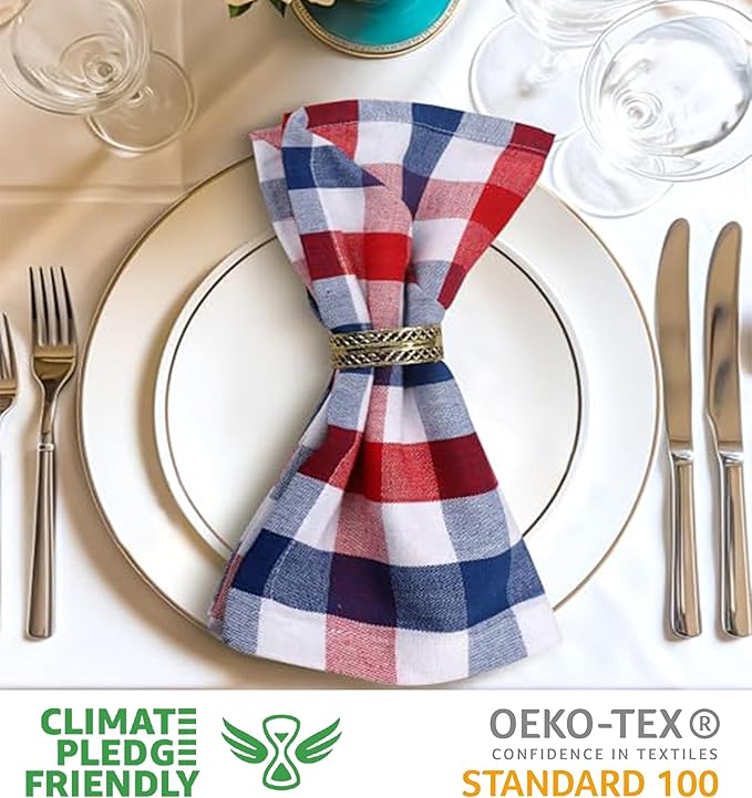 Urban Villa July 4th Cloth Napkins Red/Blue/White Dinner Napkins 100% Cotton (Set of 12) 20x20 Inches Buffalo Checks Highly Absorbent Soft Durable Reusable & Washable Table Dinner Napkins