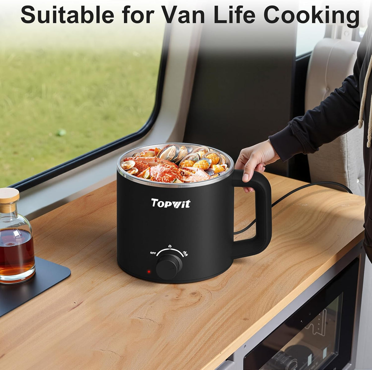 Topwit Hot Pot Electric, Electric Pot, 1.6L Ramen Cooker, Multifunctional Cooker for Pasta, Shabu-Shabu, Oatmeal, Soup and Egg with Over-Heating Protection, Boil Dry Protection, Black