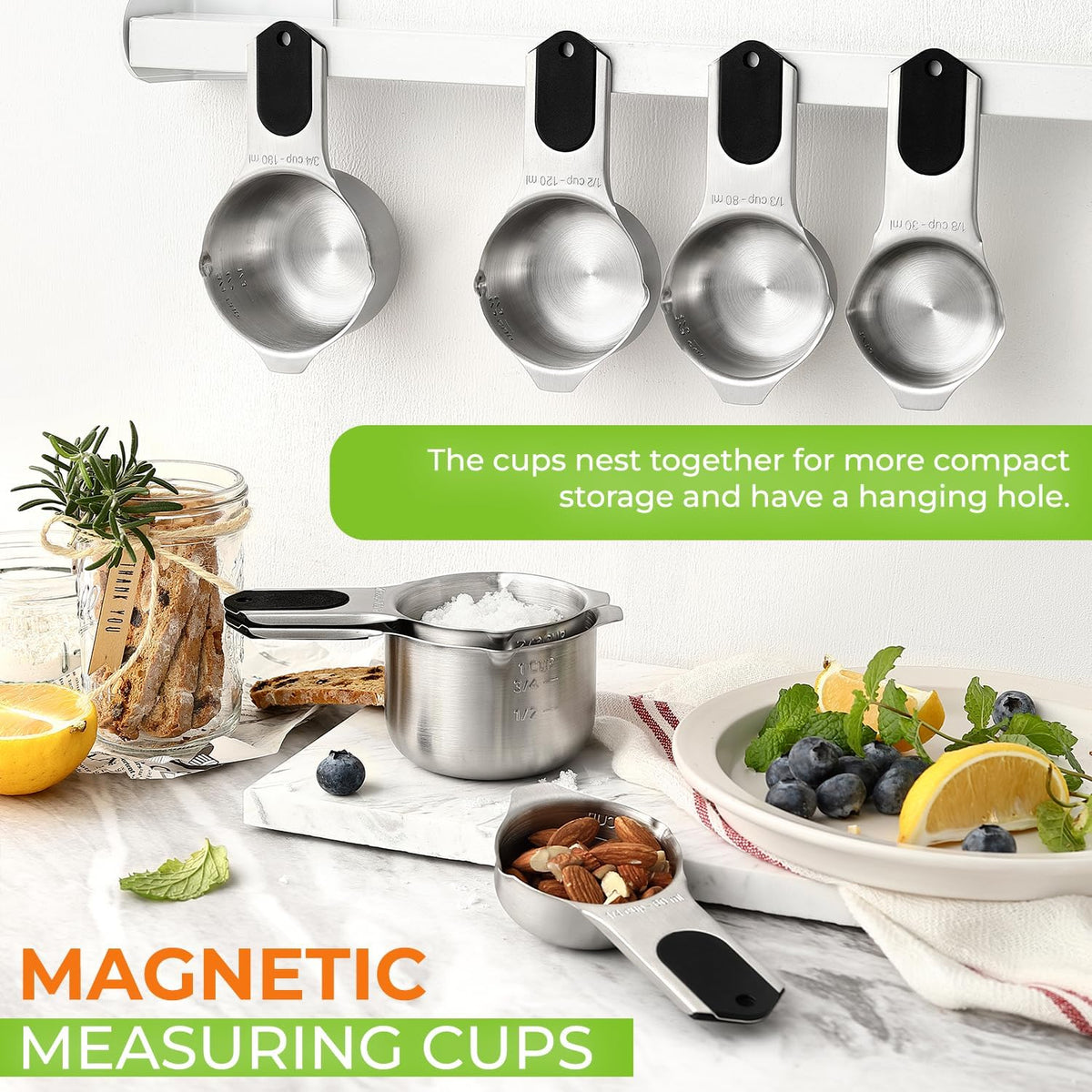 Spring Chef Magnetic Stainless Steel Measuring Cups, Patented, Kitchen Tools with Easy to Read Markings for Measuring Dry or Liquid Ingredients, Set of 7, Black