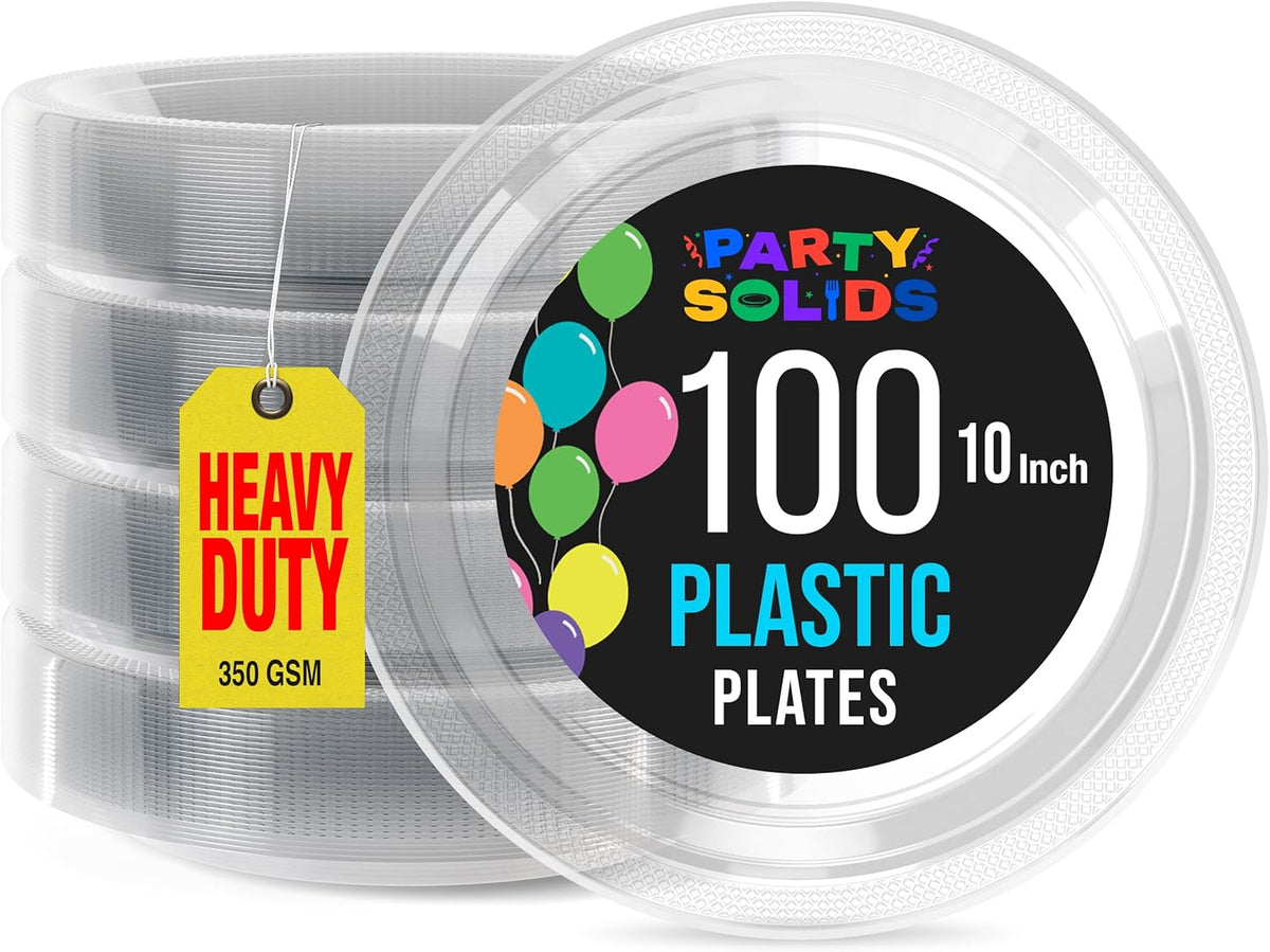 Exquisite Party Solids Clear Plastic Plates For Party 10" Clear Disposable Plates Heavy Duty Supplies 100 Pcs Plastic Dinnerware Sets Heavy Duty 350 GSM Disposable Dinnerware Set