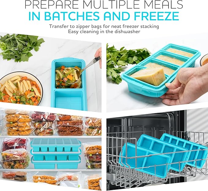 Silicone Freezer Tray With Lid - Soup Freezer Container Molds Set Makes 2-Cup & 1-Cup 1/2-cup Portions Cubes Perfect for preparing meals in different Portion Sizes Oven & Dishwasher-Safe