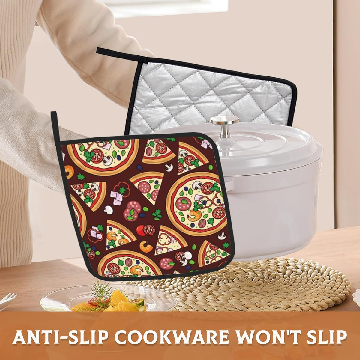 2 Pack Pizza Slices Ingredients Pot Holders for Kitchen Heat Resistant, Potholders for Kitchens Washable for Cooking & Baking & Microwave