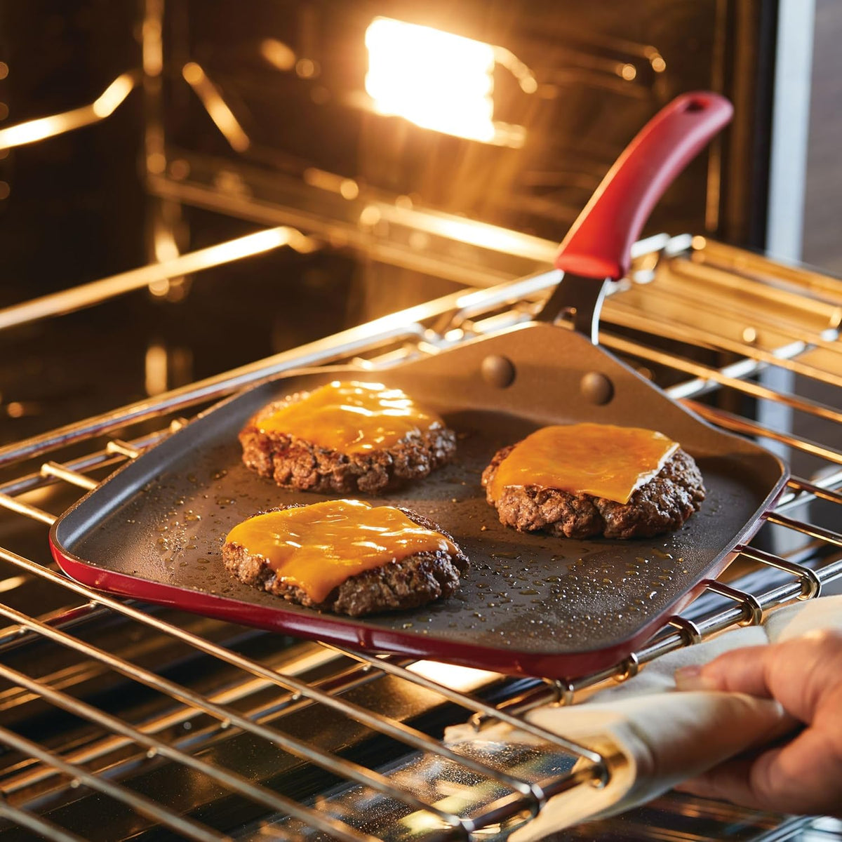Rachael Ray Cook + Create Nonstick Stovetop Griddle/Grill Pan, Square, 11 Inch, Red