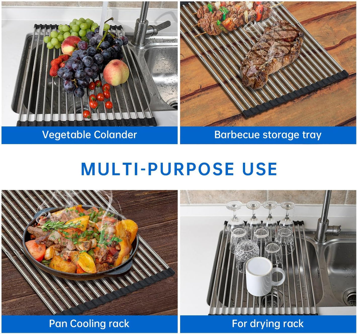Expandable Large Draining Rack, Roll Up Heat-Resistant Dish Drainer for Stainless Steel Sinks, Collapsible Over The Sink Rack Non-Slip Silicone Rolling Up Rack 18 Tube
