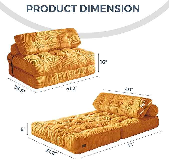 MAXYOYO Folding Sofa Bed, Convertible Sleeper Chair with Pillow Foldable Matress with Back Support, Portable Fold Out Chair Bed Comfy Floor Sofa Lounge for Living Room Bedroom, Orange Double