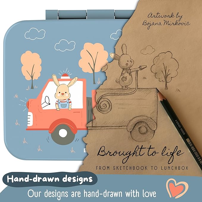 Kids Lunch Box with Compartments – Compact & Lightweight | Leak-Proof, BPA-Free, Dishwasher & Microwave Safe | Hand-Drawn Design for Preschool, School, Travel (Firetruck Bunnies Blue, 2.75 Cups)