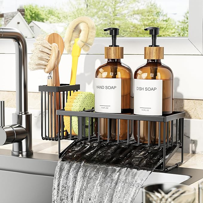 Cisily Kitchen Dish Soap Dispenser Set with 2 Pack 16.9oz Amber Glass Bottle and Sponge Holder, Dish Soap Dispensers with Adjustable Sponge Holder, Vintage Hand and Dish Soap Dispensers Set