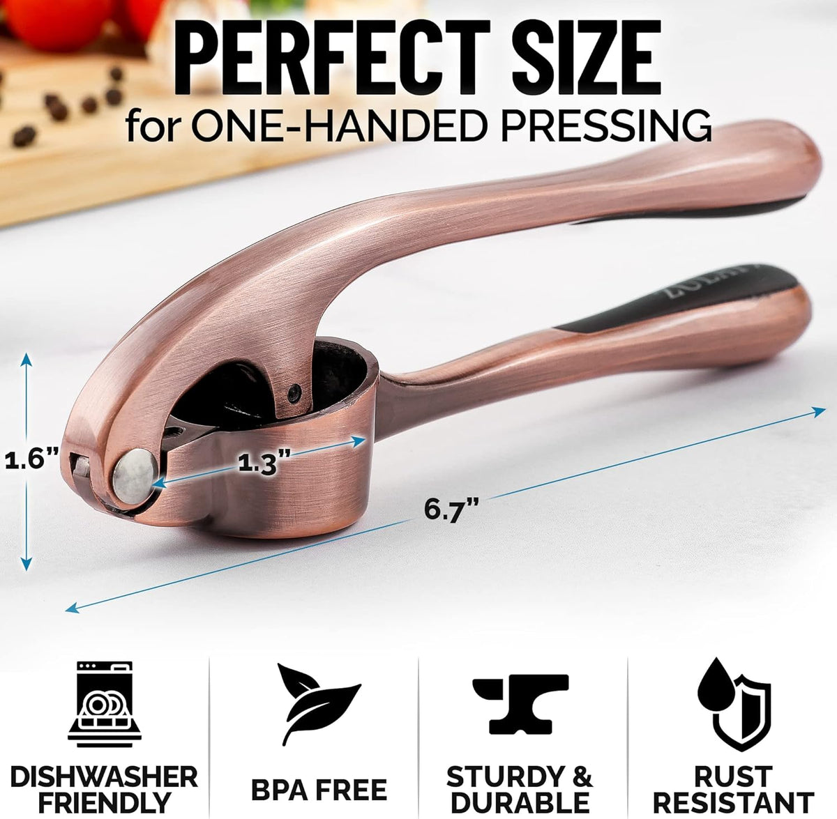 Zulay Kitchen Premium Garlic Press Set - Rust Proof & Dishwasher Safe Professional Garlic Mincer Tool - Easy-Squeeze, Easy-Clean with Soft, Ergonomic Handle - Silicone Garlic Peeler & Brush (Copper)