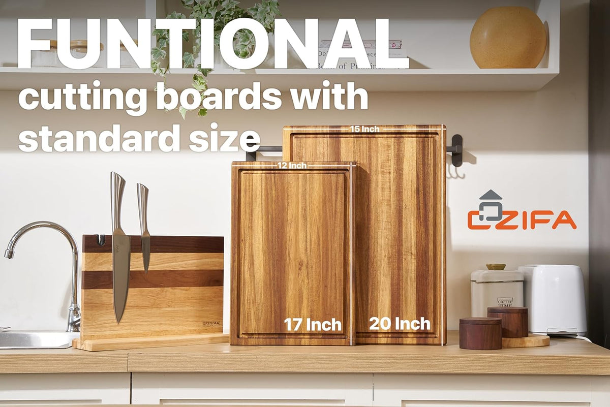COZIFA- Large Cutting Board Wood Acacia - Thick Wooden Cutting Boards for Kitchen - Wooden Chopping Boards for Kitchen with Juice Groove, Inner Handle, Natural Oil Wax Finish - 17x12 x1.2inches