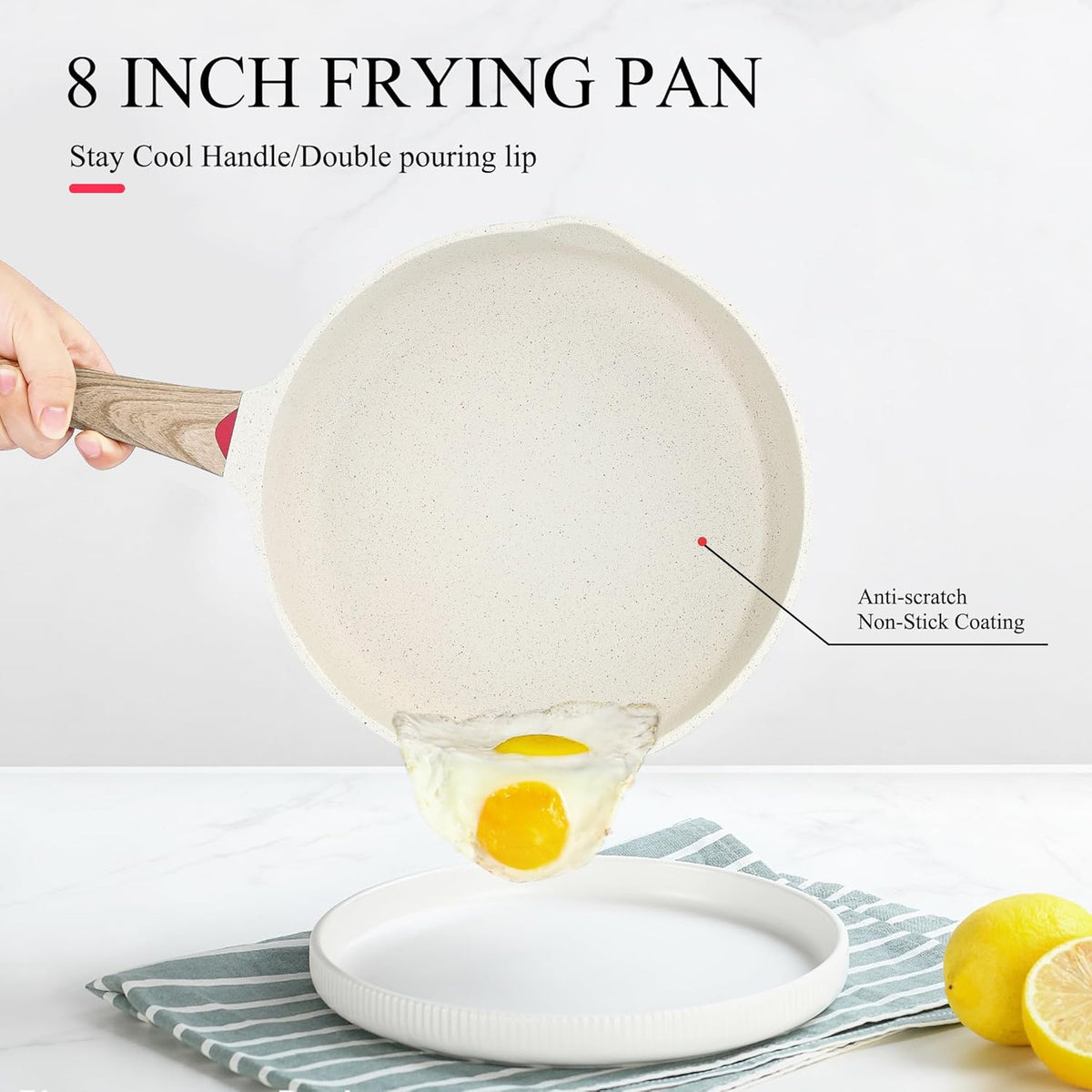 Vinchef 8 Inch White Nonstick Skillet, French Cream Shallow Fry Pan, Induction Compatible, Scratch-Resistant Ceramic Coating