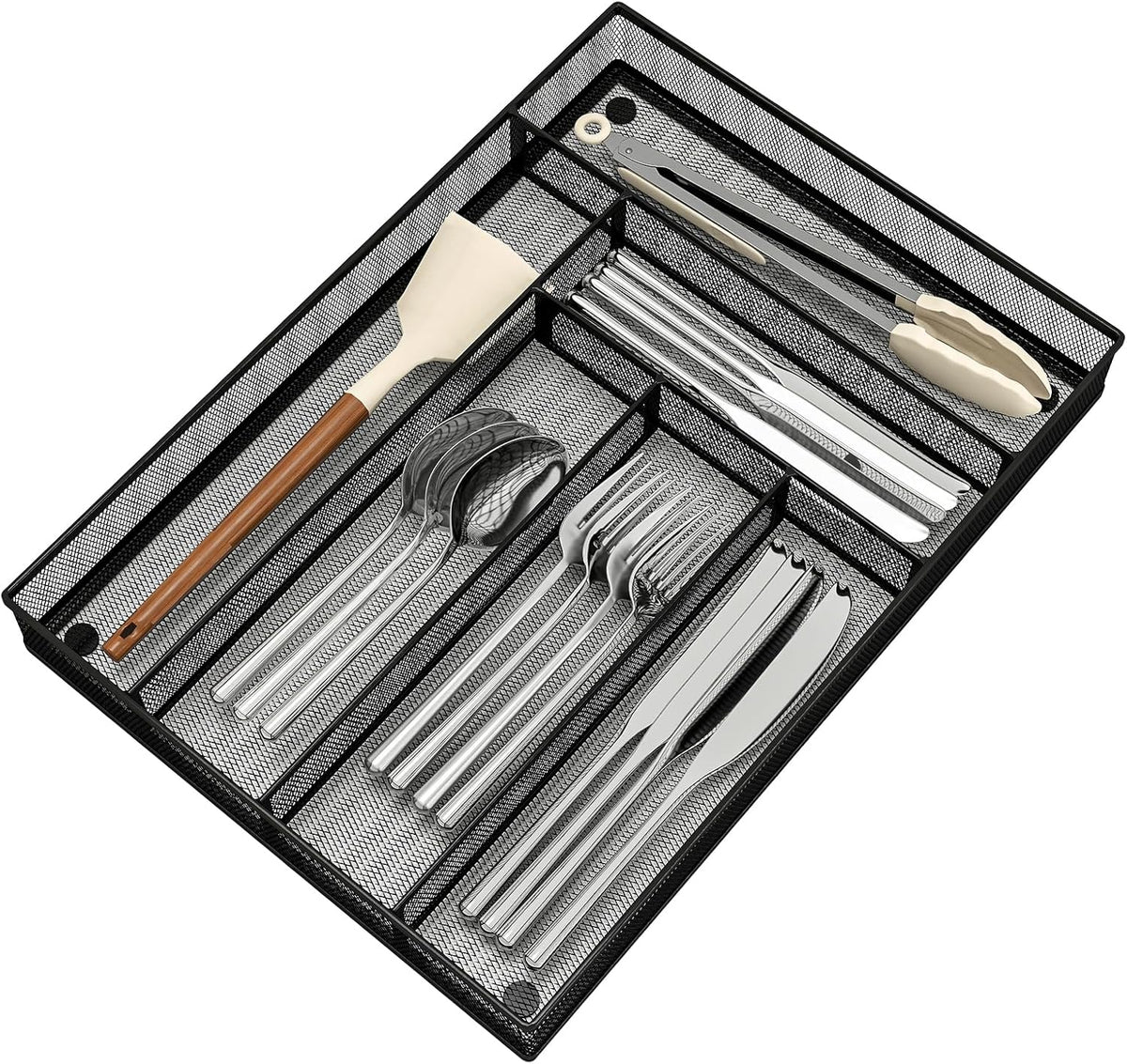 Silverware Organizer Metal Mesh, Large Drawer Organizer, Utensil Cutlery Tray for kitchen drawers, Flatware Organizer with 6 Compartment, Black (11.3”*16“)