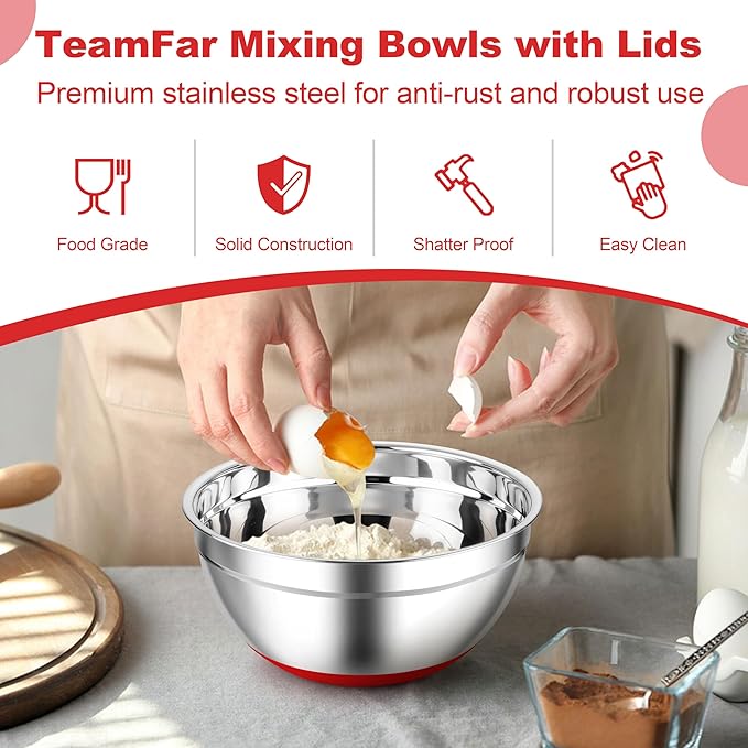 TeamFar Mixing Bowls, Red Mixing Bowls with Lids Set, Stainless Steel Nesting Salad Bowl with Air-tight Lid & Silicone Bottom, Non Slip & Stackable - Set of 6-4.6/2.6/2 / 1.5/1 / 0.7 Qt