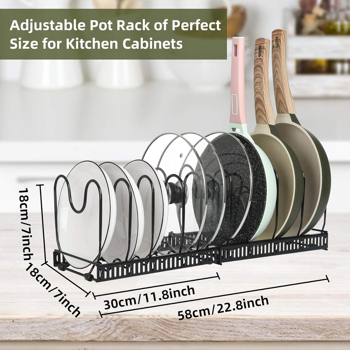 ROOHUA Pot Rack -Expandable Pan Organizer for Cabinet, Lid Holder with 10 Adjustable Compartment for Kitchen Cabinet Cookware Baking Frying Rack