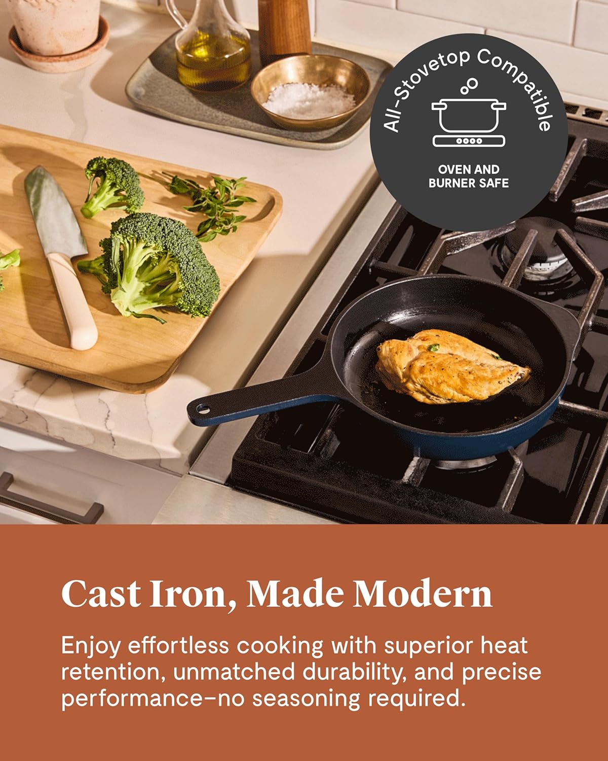Caraway Cast Iron Skillet - 8” Enameled Cast Iron Pan With 3 Layer Enamel Coating - No Seasoning Required - Compatible With All Stovetops - Free From Forever Chemicals - Midnight Blue