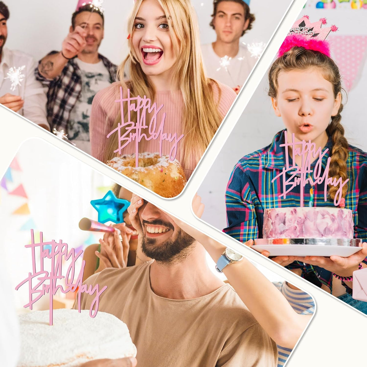 1PCS Pink Birthday Cake Topper, 5.3 x 7.2Inches Happy Birthday Cake Topper, Acrylic Happy Birthday Cake Sign for Children or Adults, Party Cake Desserts Decor and Photo Booth Props