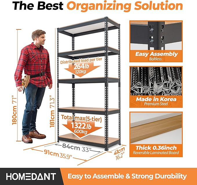 HOMEDANT 5 Tier Storage Shelves Adjustable Laminated Boltless Garage Metal Shelving Unit Heavy Duty Utility Rack Shelf Warehouse Pantry Closet Kitchen 35.9" W x 16.2" D x 71.3" H 10Pack