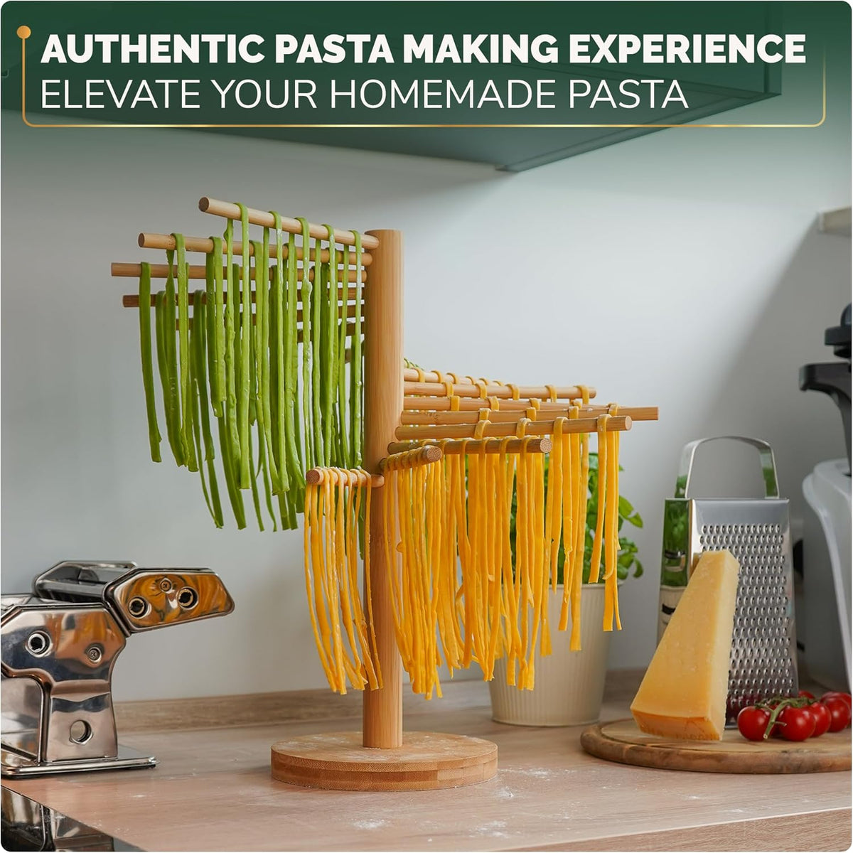 Purewood Premium Collapsible Pasta Drying Rack, Wooden Noodle Dryer Stand for Fresh Pasta, Pasta Maker Accessory, 100% Natural Bamboo, Bonus Recipe Book Included, Space-Saving Large Capacity