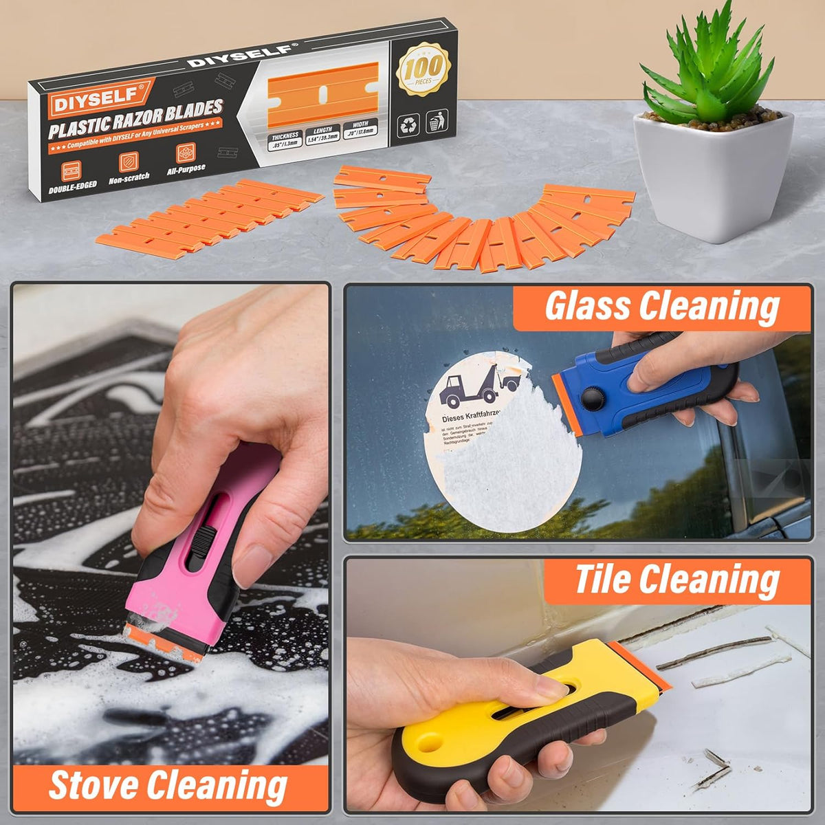 DIYSELF Plastic Razor Blades | 200-Piece Blade Replacement for Plastic Razor Scraper | Plastic Blades for Glass, Metal, Floors, Marble and Tile surfaces | Adhesive Remover