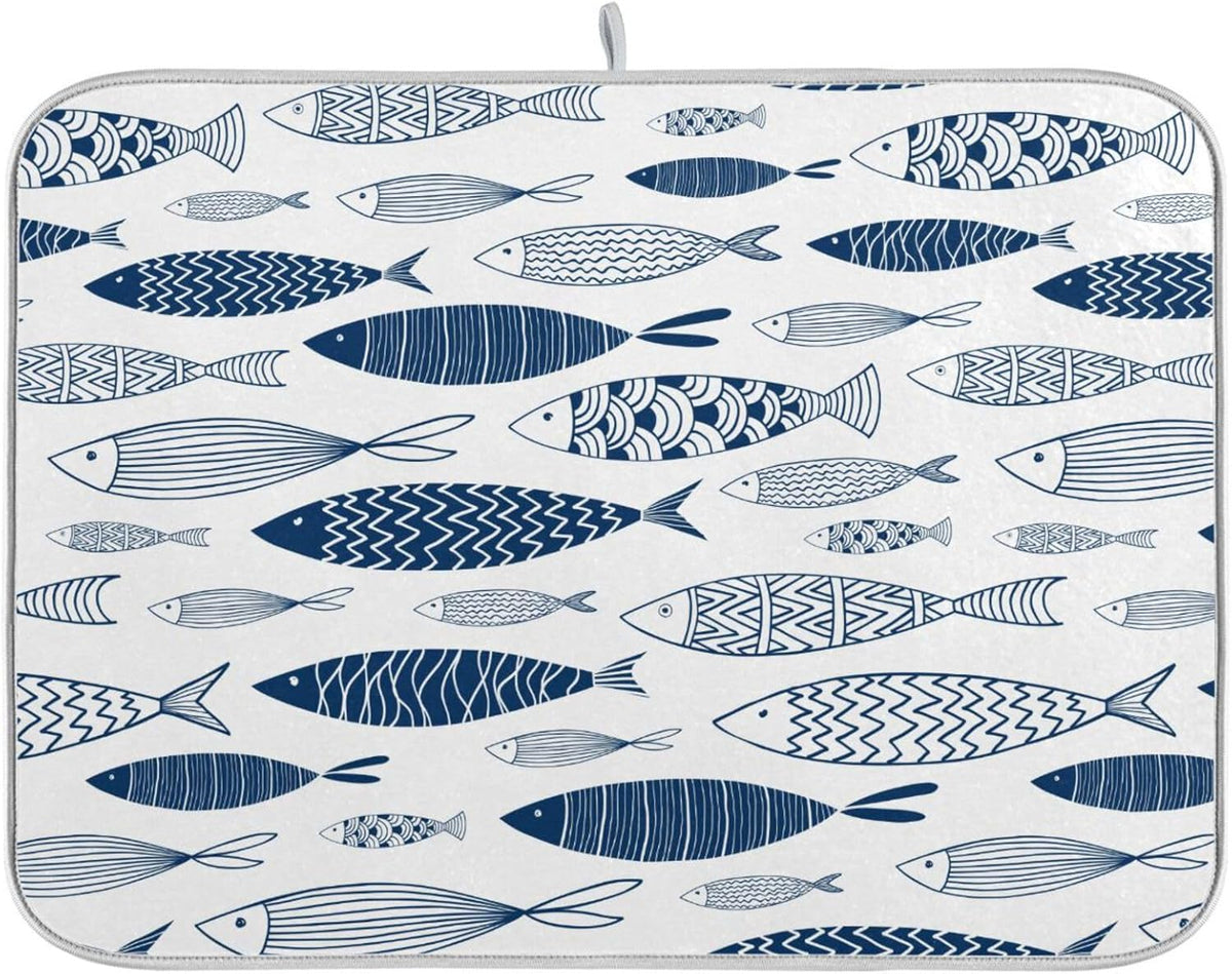 Cartoon Fish Dish Drying Mat for Kitchen Counter Absorbent Microfiber Drying Pad, Large 18x24 in, Reversible Drainer Mats