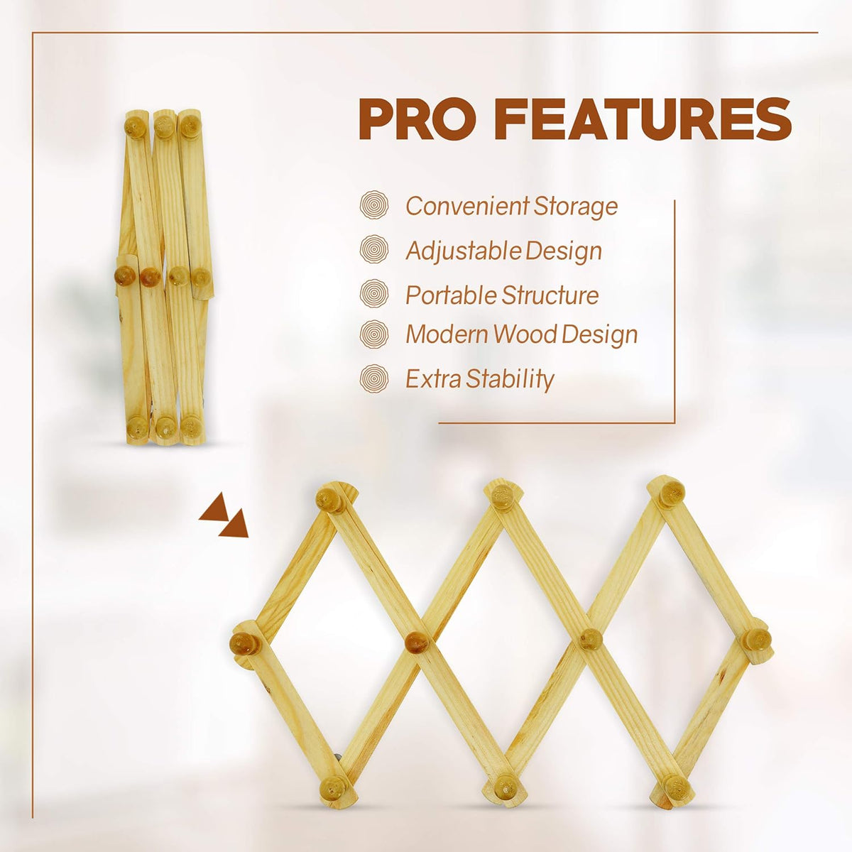 Set of 4 RAM-PRO Accordion Style Wood Expandable Wall Rack for Hat, Cap, Belt, Umbrella Coffee Mug Jewelry Hanging Wooden Pegs