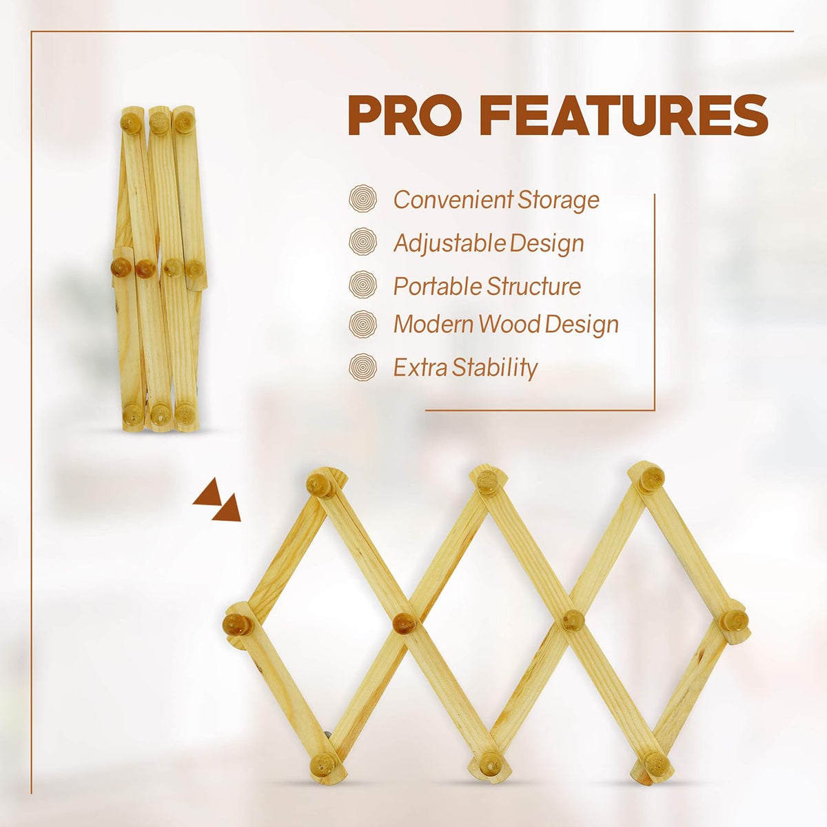 RAM-PRO Accordion Style Wood Expandable Rack Hat, Cap, Belt, Umbrella Coffee Mug Wall Wooden Pegs