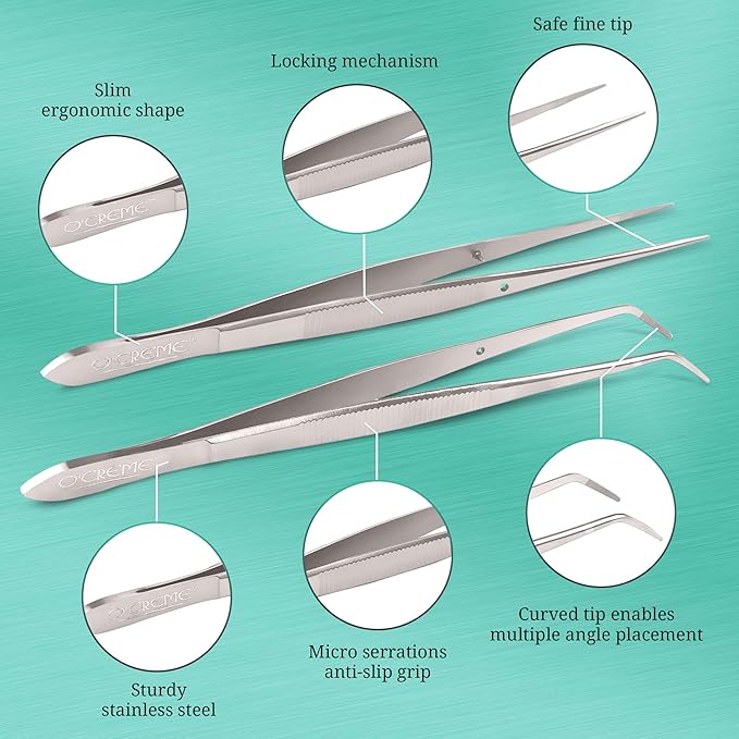 O'Creme Stainless Steel Precision Kitchen Culinary Fine-Tip Tweezer Tongs, 1 Curved and 1 Straight