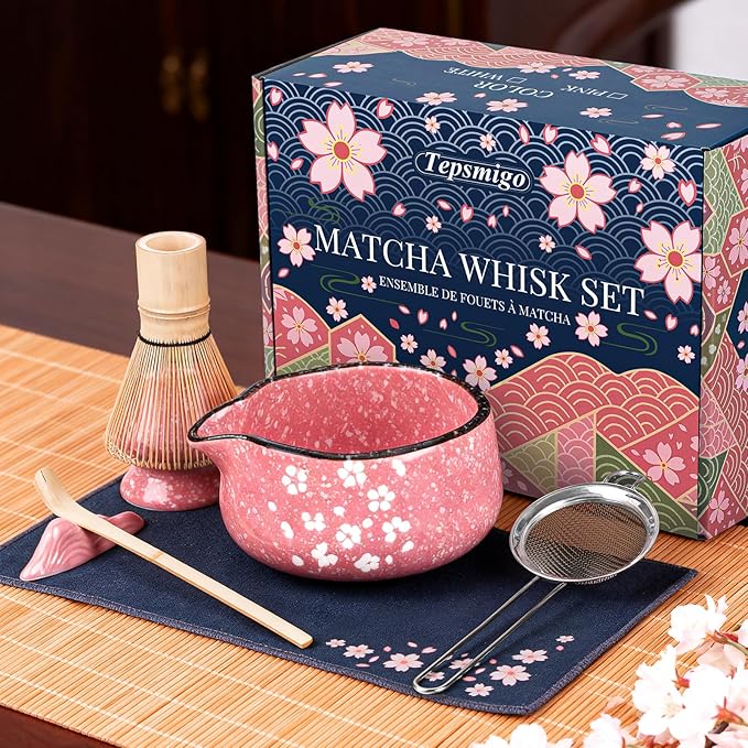 Matcha Whisk Set, 7 PCS Ceramic Matcha Sets with Bowl, Bamboo Whisk and Holder, Towel, Sifter, Bamboo Scoop, Scoop Rest, Christmas Gifts for Tea Lovers, Birthdays New Year Gifts for Women Mom