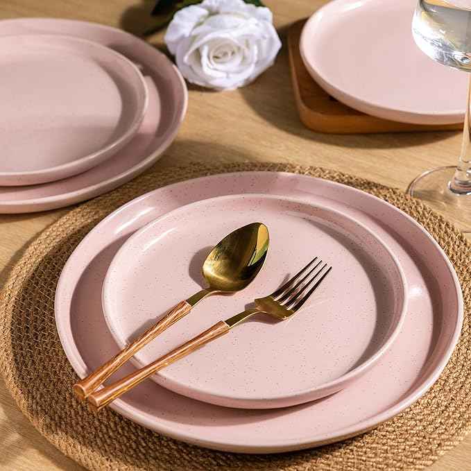 AmorArc Ceramic Dinnerware Sets for 4, 12 Pieces Handpainted Plates and Bowls Set with Rustic Terracotta Underside, Scratch Resistant Stoneware Dishes Set, Dishwasher & Microwave Safe, Cloud Pink